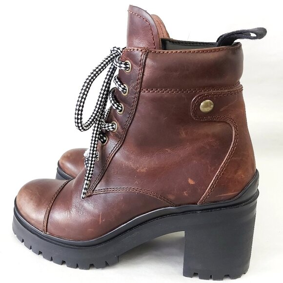 Miu Miu Lace-up Boots EU 37.5 Distressed Leather Block Chunky Heels Alpine Comba - Picture 3 of 15